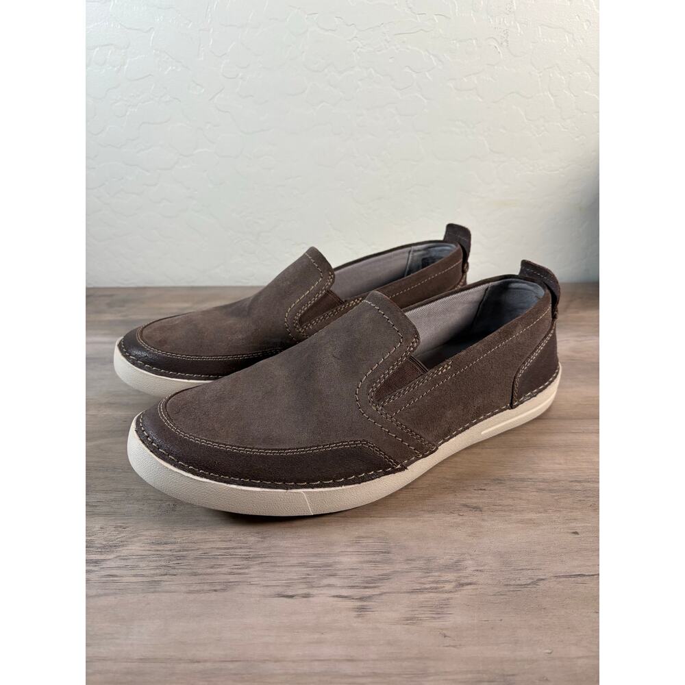 CLARKS Shoes Mens 11.5 Suede Leather Gossler Race Brown Slip on Loafers
